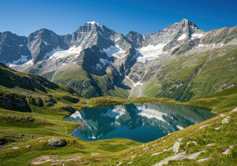 A serene alpine lake mirrors the majestic snow-capped peaks of the Swiss Alps under a clear blue sky.