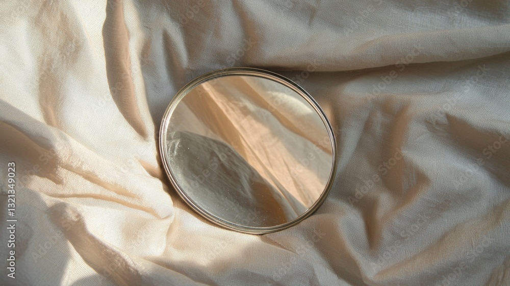 Poster round mirror lying on a beige fabric. the fabric appears to be soft and silky, with a subtle texture