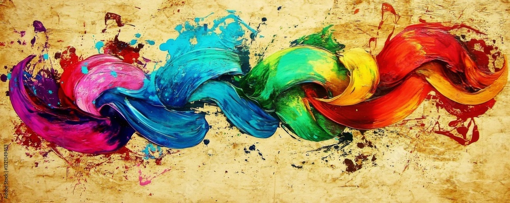 Poster vibrant and dynamic abstract painting with textured background, wave-like pattern of colors in fluid
