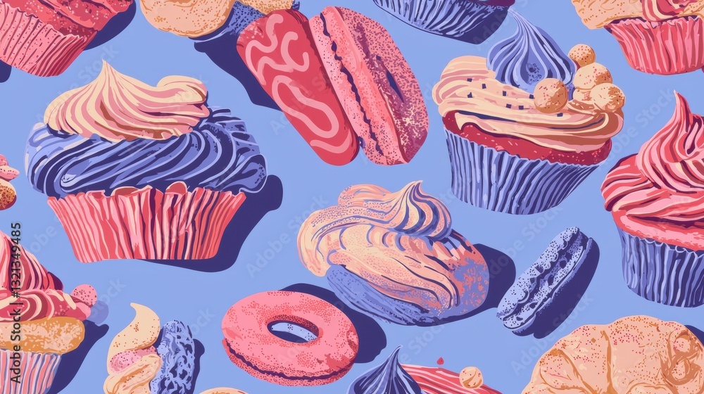 Poster seamless pattern of various cupcakes and donuts on a light blue background. the cupcakes are arrange
