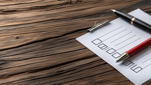 Checklist with a pen on a wooden table focuses on task management and productivity strategies in daily life or business settings - Powered by Adobe