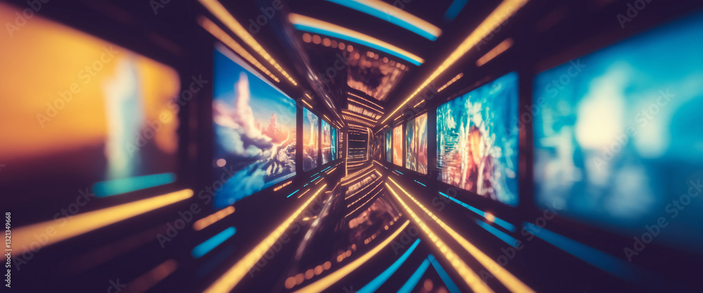 Aufkleber abstract image of a futuristic tunnel with glowing screens displaying blurred images, suggesting a j