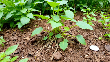 Green plant with identifiable roots growing in rich soil, surrounded by lush greenery in a natural setting