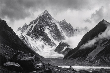 Obraz premium A dramatic black and white photograph of a towering snow-covered mountain peak surrounded by rugged slopes and misty clouds 