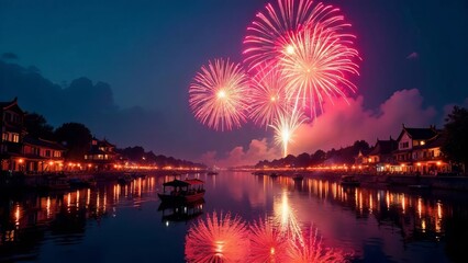 Dragon Boat Festival Fireworks Over a River