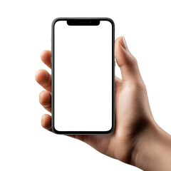 A hand holding a phone with a white background