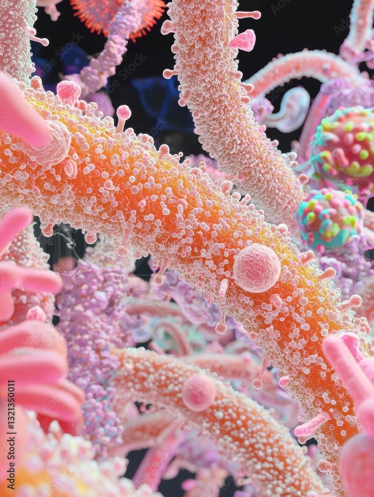 Poster close-up of a group of pink and orange tentacles. the tentacles are arranged in a chaotic manner, wi