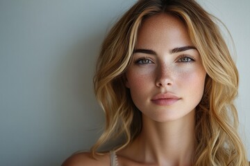 A woman with blonde hair and a tan shirt is standing in front of a white wall