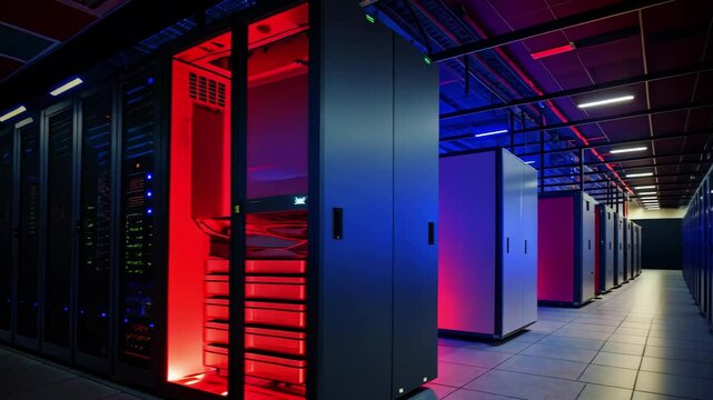 High-tech server room featuring illuminated racks and advanced data storage systems in action