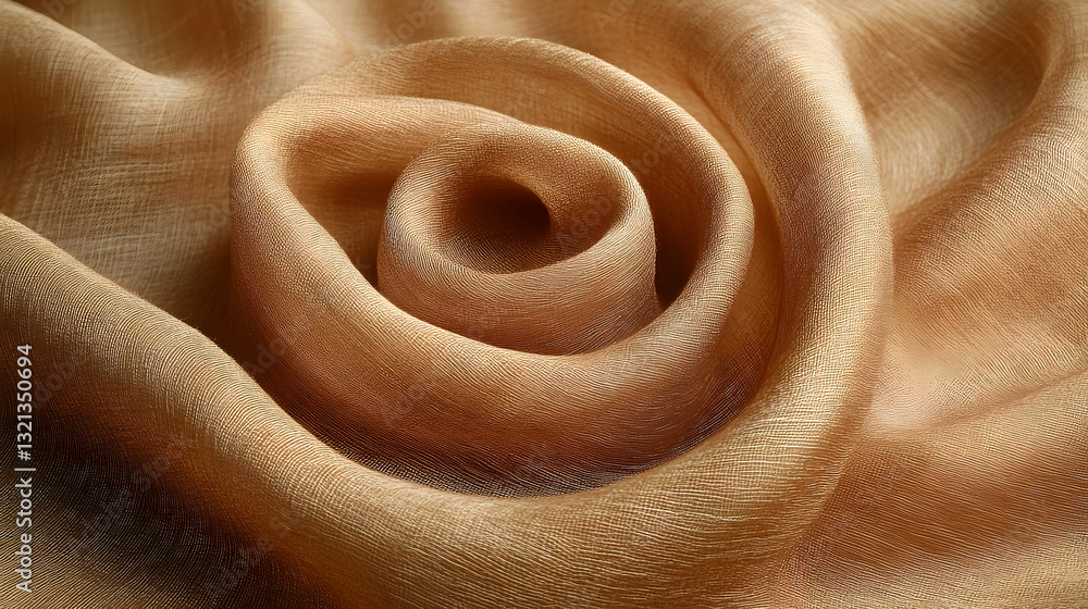 Poster close-up of swirled, light brown fabric with soft, subtle textures and flowing lines creating an abs
