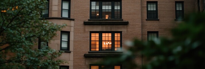 Fototapeta premium A moody urban image featuring a vintage window illuminated by warm light, creating a cozy and inviting atmosphere amidst the city's architectural beauty and sophistication.