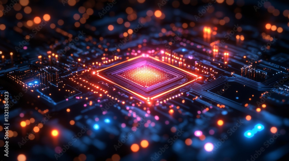Poster A vibrant display of a quantum processor showcases intricate circuits and glowing qubits. The environment is ripe with potential for optimization and regression analysis in datasets.