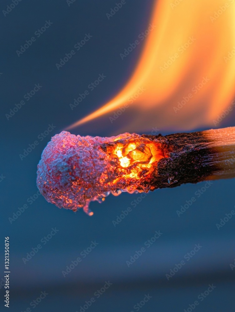 Poster close-up of a matchstick with a flame burning on it. the flame is orange and yellow in color and is 