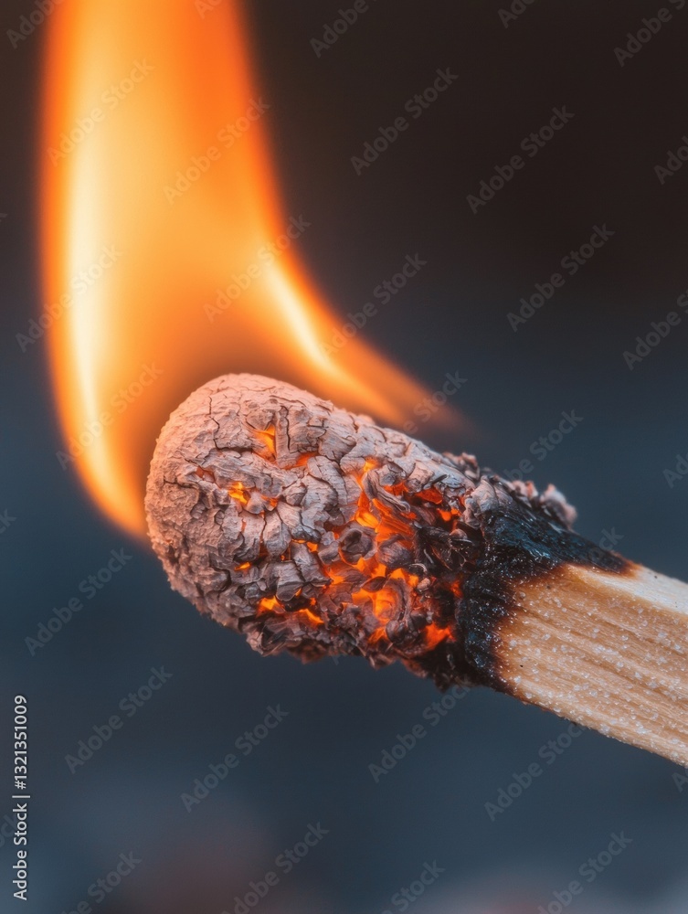 Poster close-up of a matchstick with a burning matchstick. the matchstick is in the center of the image, wi