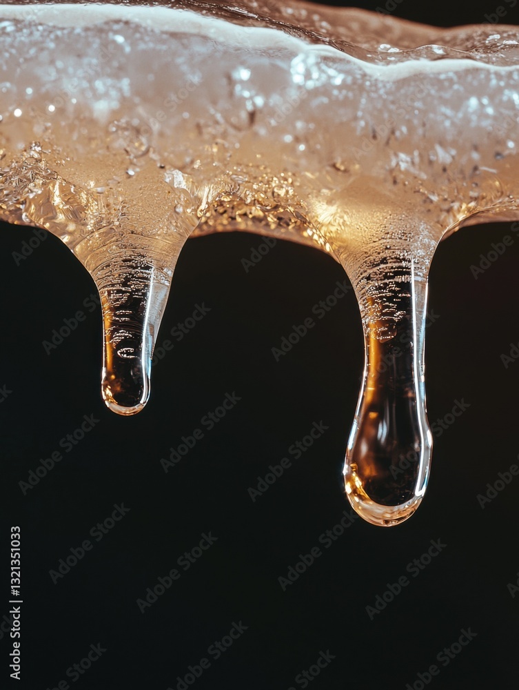 Poster close-up of two icicles hanging from a piece of ice. the icicles are transparent and appear to be dr