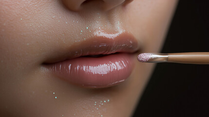 Naklejka premium Close-Up of Woman’s Lips with Glossy Pink Lipstick