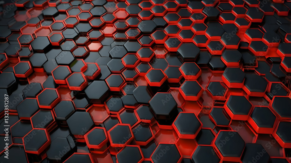 Poster hexagon pattern: a dynamic and modern design features a network of three-dimensional, dark, and red 