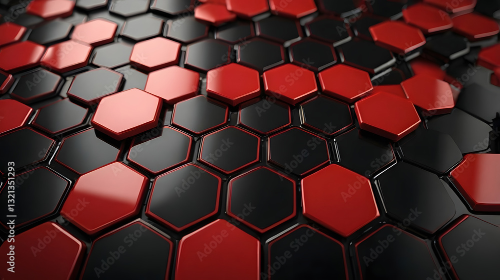 Poster red and black hexagons: a close-up view of a vibrant pattern of red and black glossy hexagons, formi