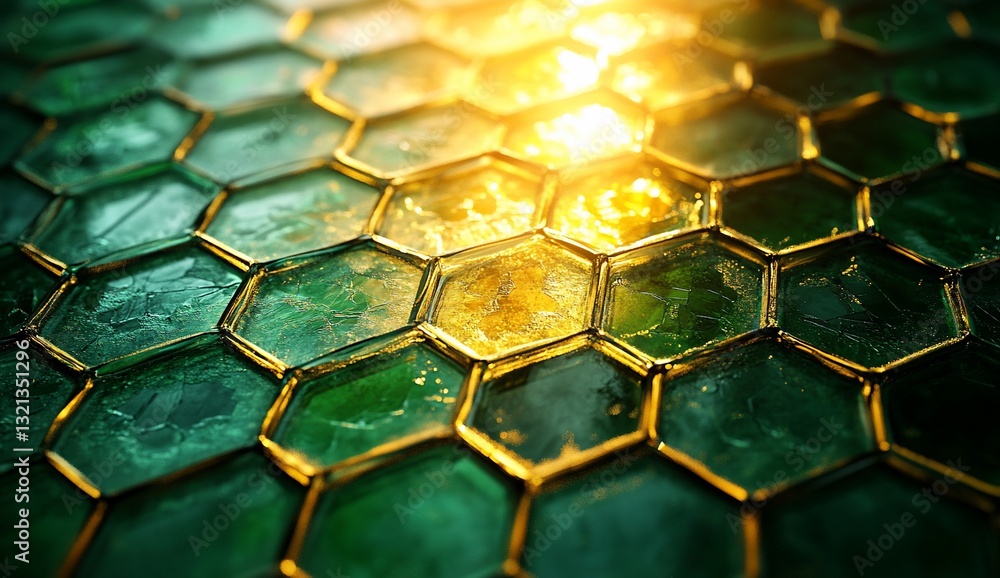 Poster sun reflects on green yellow hexagon tiles, creating abstract pattern background
