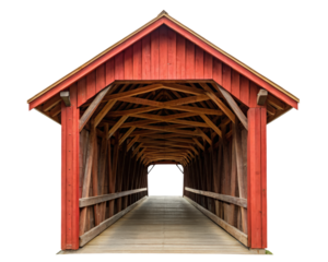 Red wooden covered bridge interior on a transparent background