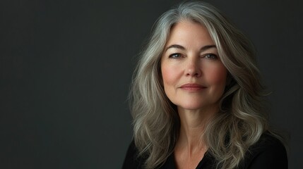Fototapeta premium A woman with long gray hair is smiling at the camera