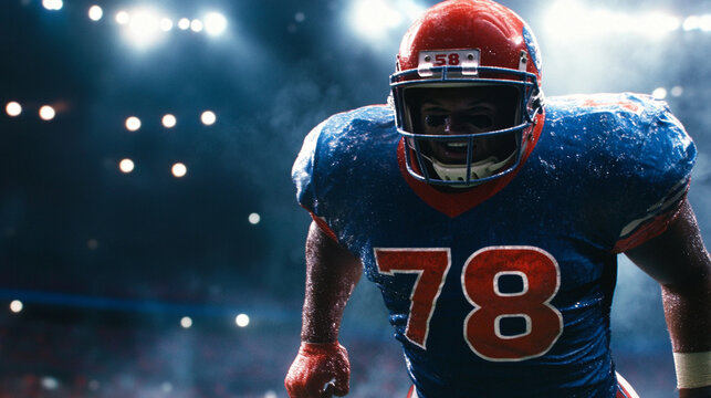 A football jersey with the number "78", drenched in sweat under stadium lights, as a player takes a triumphant stance.