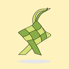 Green ketupat illustration, a traditional rice cake for Eid al-Fitr. Ramadan theme, perfect for cultural designs. Simple, vector art on light yellow background.