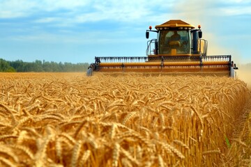 Obraz premium Seasonal wheat harvest by combine, concept of agricultural business, eco products 