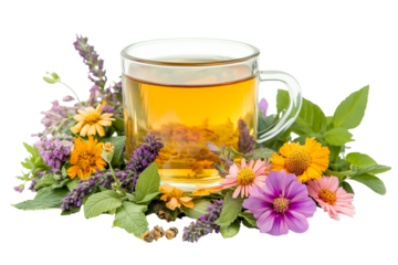 A cup of herbal tea surrounded by bright flowers isolated on a transparent background