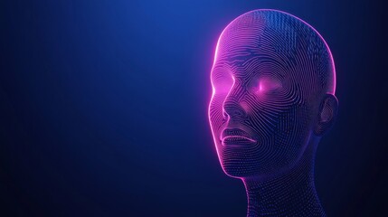 Obraz premium Futuristic 3D rendered digital human head outline with neon fingerprint-like contour lines against a deep blue background. Concept of digital identity, biometrics, cybersecurity, advanced technology