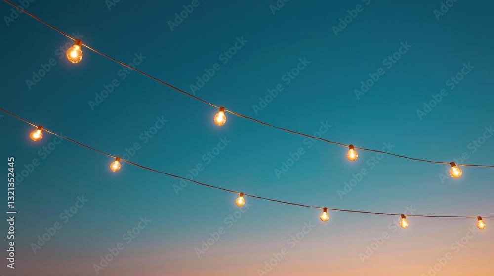 Poster string of light bulbs hanging from a wire against a clear blue sky. the string is evenly spaced and 