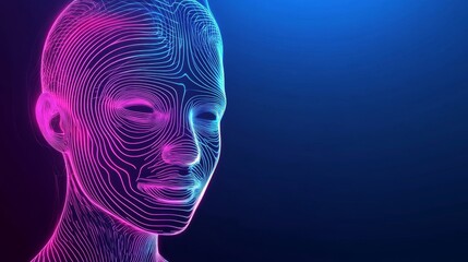 Futuristic 3D rendered digital human head outline with neon fingerprint-like contour lines against a deep blue background. Concept of digital identity, biometrics, cybersecurity, advanced technology