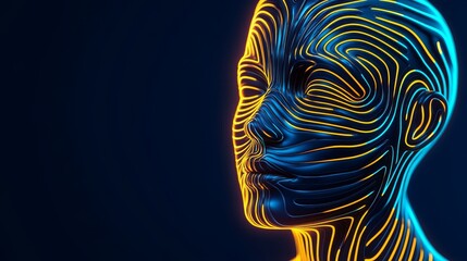 Futuristic 3D rendered digital human head outline with neon fingerprint-like contour lines against a deep blue background. Concept of digital identity, biometrics, cybersecurity, advanced technology