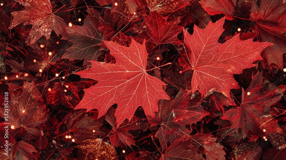 Poster close-up of a group of red maple leaves. the leaves are arranged in a scattered manner, with some ov