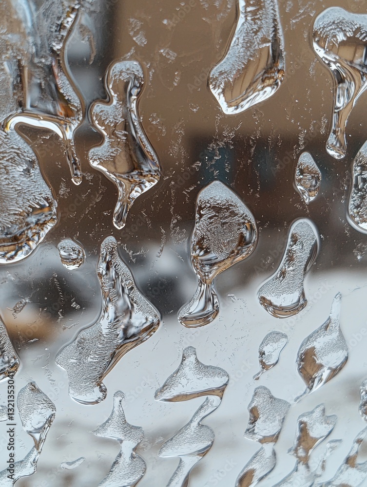 Poster close-up of a group of ice crystals on a window. the ice crystals are of different shapes and sizes,
