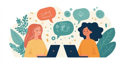 Fototapeta premium Happy Women Collaborating Online Laptops Green Leaves Background