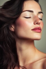 Fototapeta premium A woman with long dark hair and a pink lip is looking at the camera