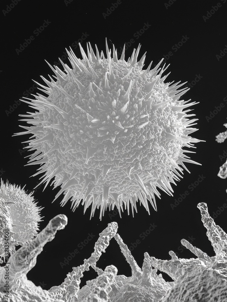 Poster black and white microscopic view of a spherical object with spikes on its surface.