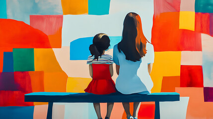 mother and daughter sit side by side on bench, contemplating vibrant mosaic art piece with sense of connection and serenity