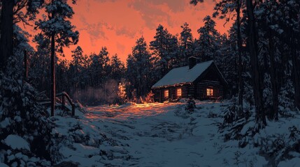 Cozy winter cabin in snowy forest at sunset