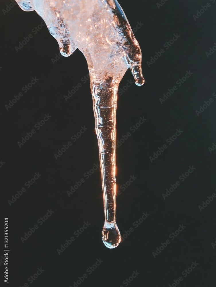 Poster close-up of a single icicle hanging from a branch. the icicle is made up of multiple layers of ice, 
