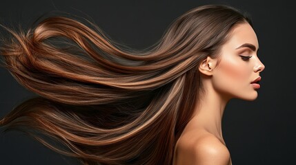 Fototapeta premium Young Caucasian woman with long, smooth brunette hair blowing in the air, isolated on a dark grey background. Beauty model with flawless skin, representing salon hair care, fashion, and elegance