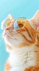 Orange cat wearing sunglasses, gazing up, blue background