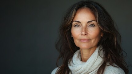 Naklejka premium A woman with long brown hair and a white scarf is smiling