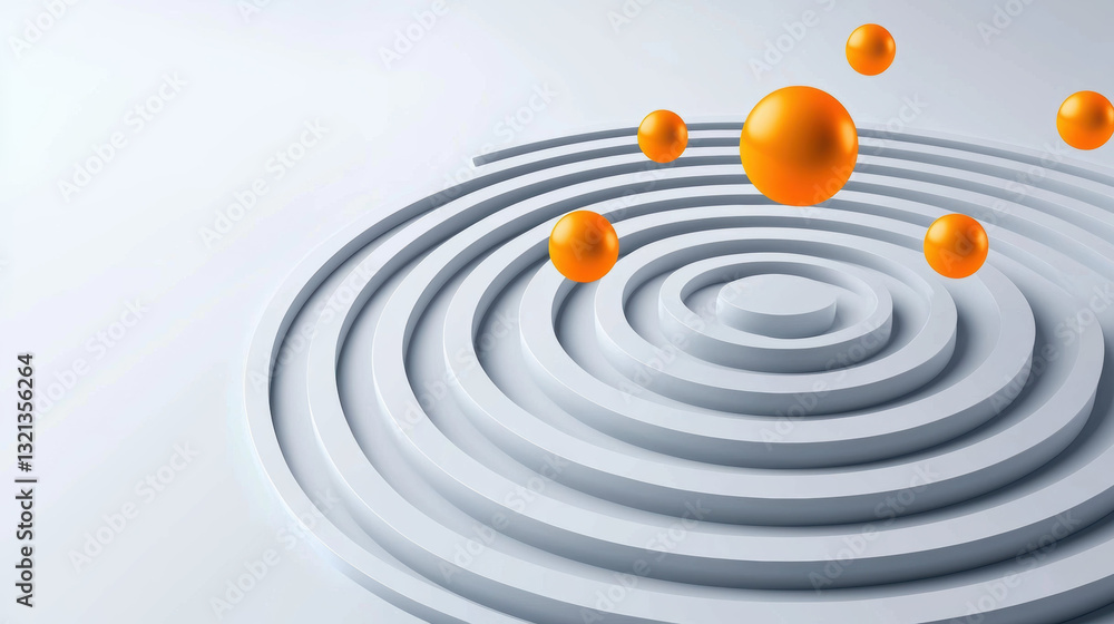 Poster concentric circles with orange spheres creating dynamic visual effect