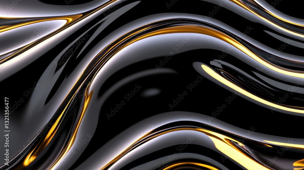 Poster abstract image of flowing black and gold liquid, creating dynamic waves and reflections. the dark ba
