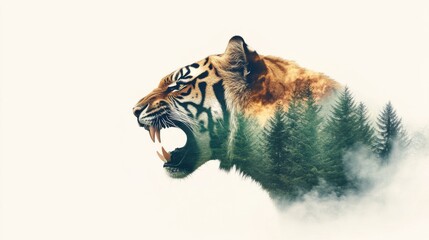 International Day of Forests. Roaring Tiger Double Exposure with Forest