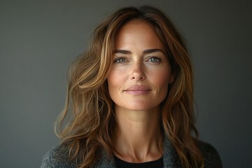 A woman with brown hair and a tan complexion is smiling at the camera