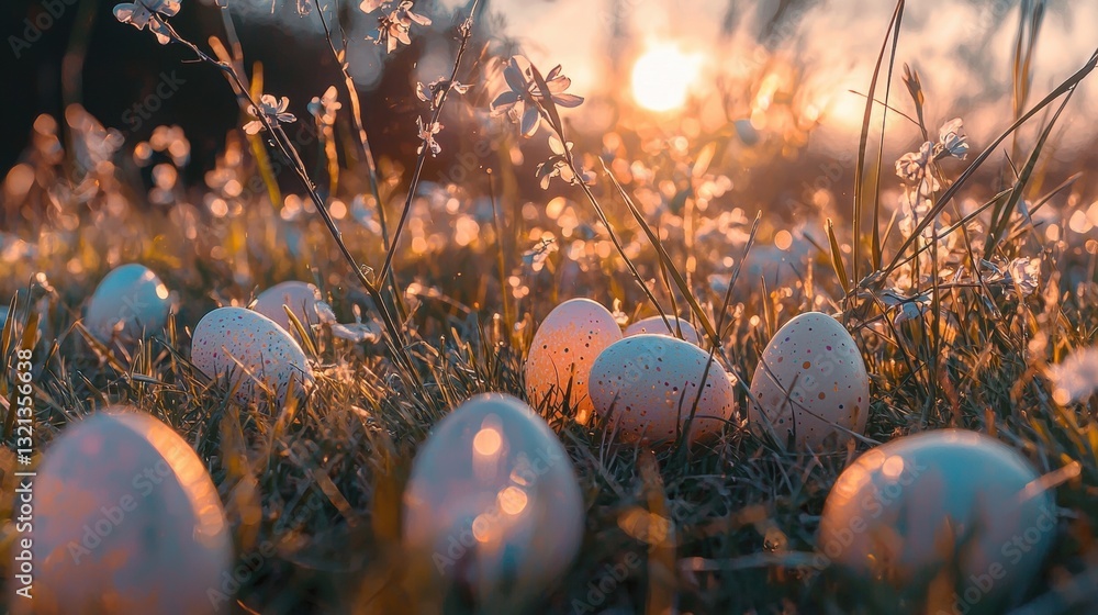 Poster close-up of a group of easter eggs scattered on the grass. the eggs are of different sizes and color
