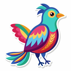 Fototapeta premium Cartoon bird on a branch with colorful feathers in a fun, cute vector illustration style